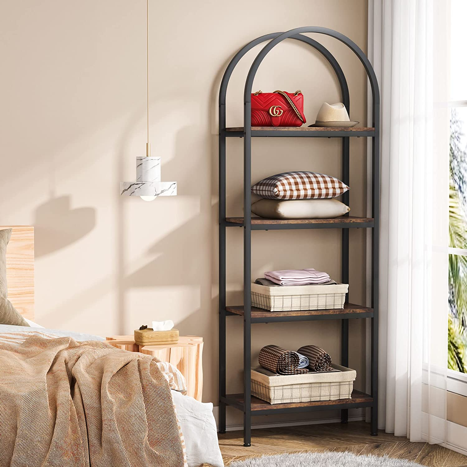 Industrial Wood Bookcase Storage Shelves with Metal Frame, Freestanding Display Rack 4-Tier Open Bookshelf