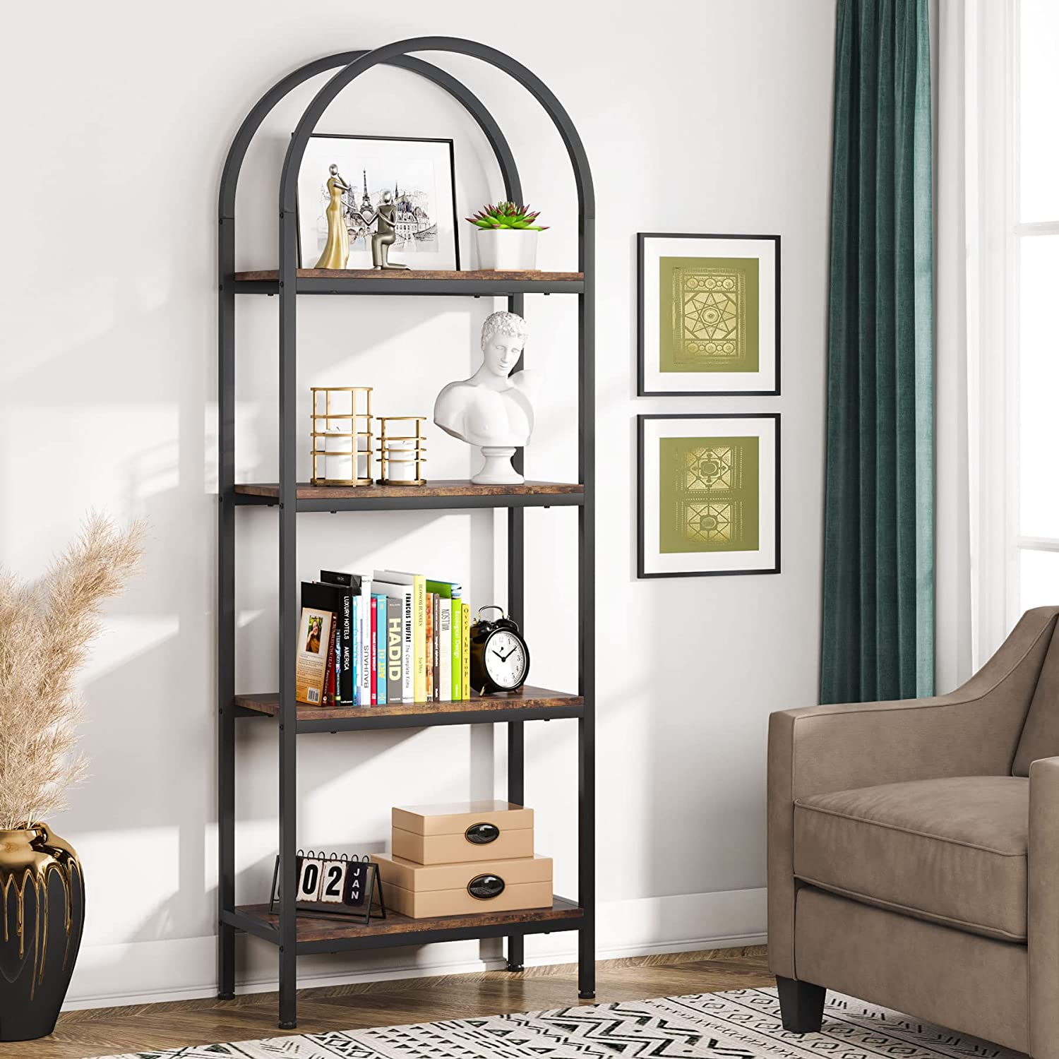 Industrial Wood Bookcase Storage Shelves with Metal Frame, Freestanding Display Rack 4-Tier Open Bookshelf