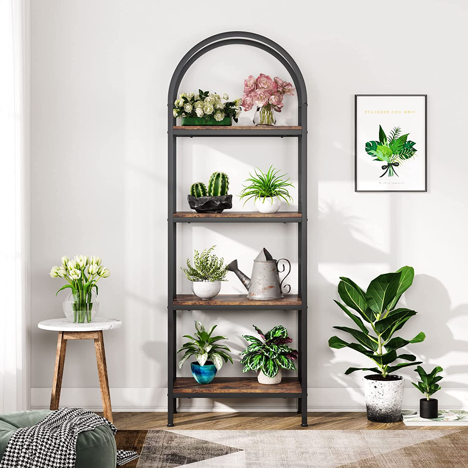 Industrial Wood Bookcase Storage Shelves with Metal Frame, Freestanding Display Rack 4-Tier Open Bookshelf