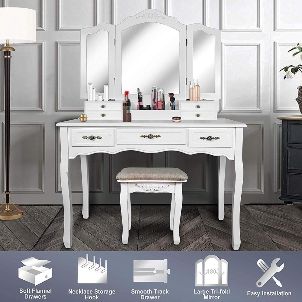 Large Mirror Retro Dressers 6 Drawer Vanity Desk Make Up Table Luxury Dressing Table With Large Mirror