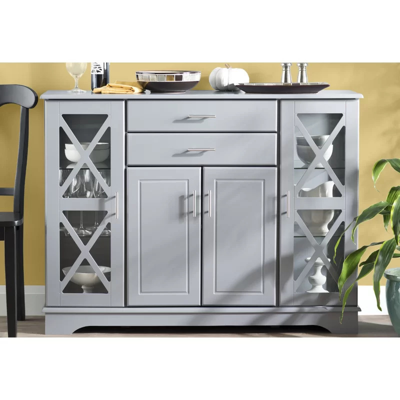 Dining Room Furniture Wholesale Modern White Sideboard Buffet Server Storage Cabinet with 2 Drawers and Glass Doors for Kitchen