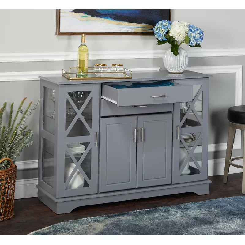 Dining Room Furniture Wholesale Modern White Sideboard Buffet Server Storage Cabinet with 2 Drawers and Glass Doors for Kitchen