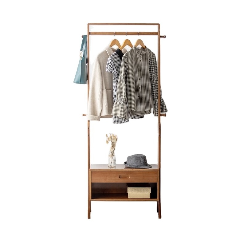 Multifunctional Clothes Rack with Fabric Drawer Wooden Triangle Coat Rack Wooden Garment Rack