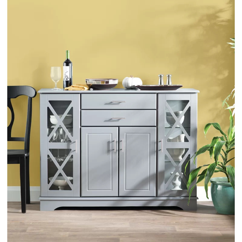 Dining Room Furniture Wholesale Modern White Sideboard Buffet Server Storage Cabinet with 2 Drawers and Glass Doors for Kitchen