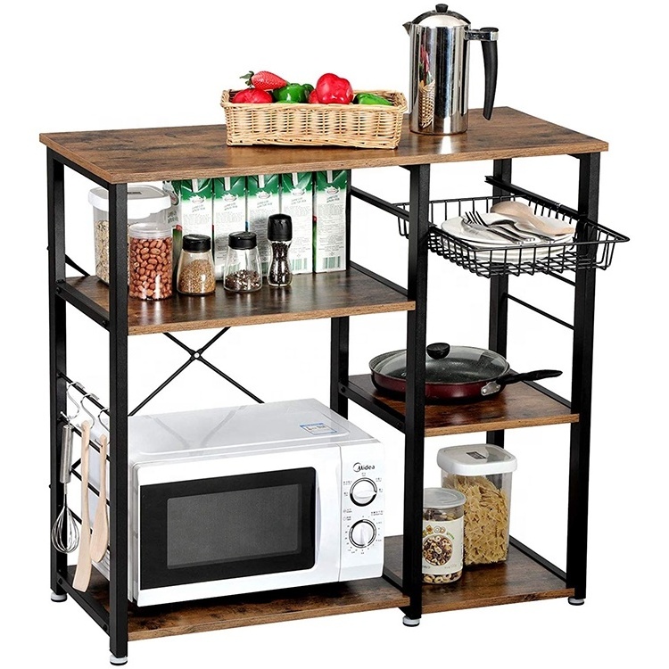 Metal Cheap Kitchen Trolley With Basket Portable Microwave Utility Cart With Storage On Wheels Wood Top Shelf Stand Rack