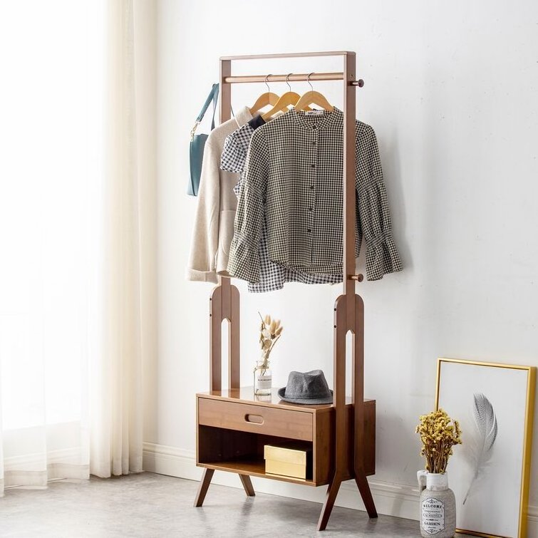 Multifunctional Clothes Rack with Fabric Drawer Wooden Triangle Coat Rack Wooden Garment Rack