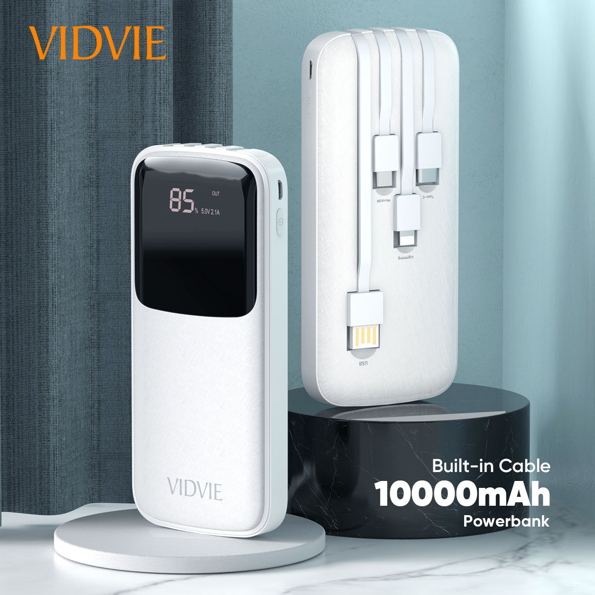 VIDVIE Portable 3 in 1 Built-in Cable 10000mAh High Capacity Power Bank With included Cable