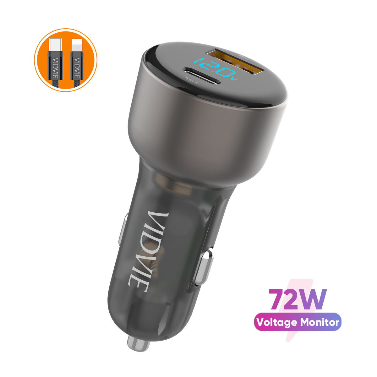 VIDVIE 2022 Smart Digital 72W QC3.0 27W Type C PD 45W Super Fast Charging Dual USB Car Charger With Battery Voltage Display