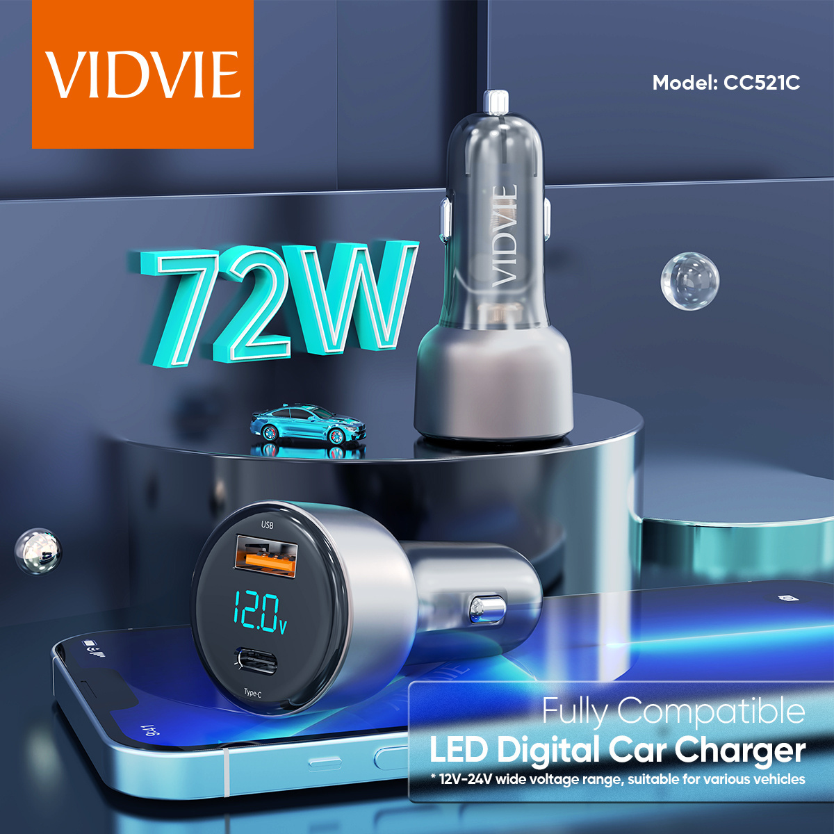 VIDVIE 2022 Smart Digital 72W QC3.0 27W Type C PD 45W Super Fast Charging Dual USB Car Charger With Battery Voltage Display