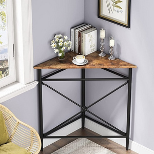 Triangle Corner Console Table, Industrial Corner Shelf Display Rack with Metal Frame, Wood Corner Accent Hallway Entry