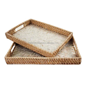 Mother Of Pearl Rattan Serving Tray, Mosaic rattan slide tray in Vietnam Rectangular mother of pearl rattan Tray