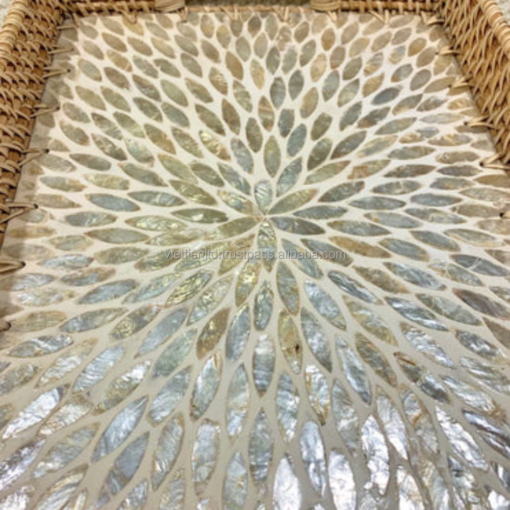 Mother Of Pearl Rattan Serving Tray, Mosaic rattan slide tray in Vietnam Rectangular mother of pearl rattan Tray