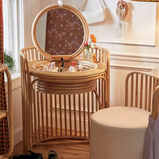 Round rattan dressing table, Rattan Vanity And Stool Set for bed furniture in Vietnam - TA006