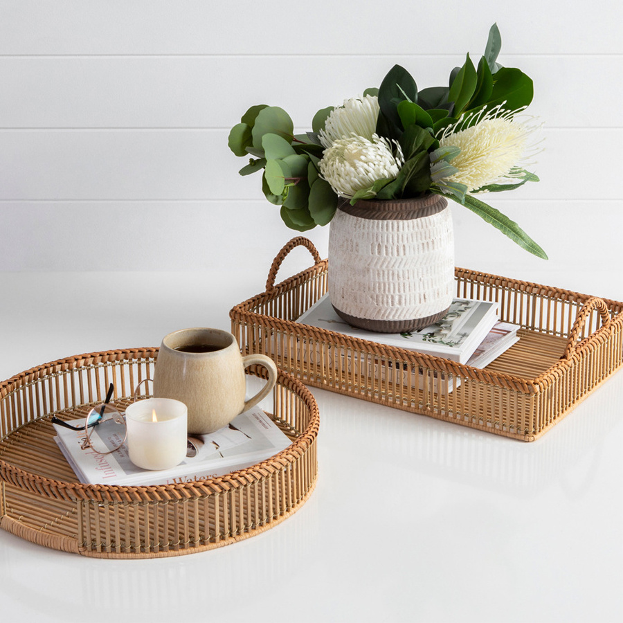 Bohemian Round Bamboo Serving Tray With Leather Handles Model Tray For Table Dining Decoration In Vietnam Wholesale