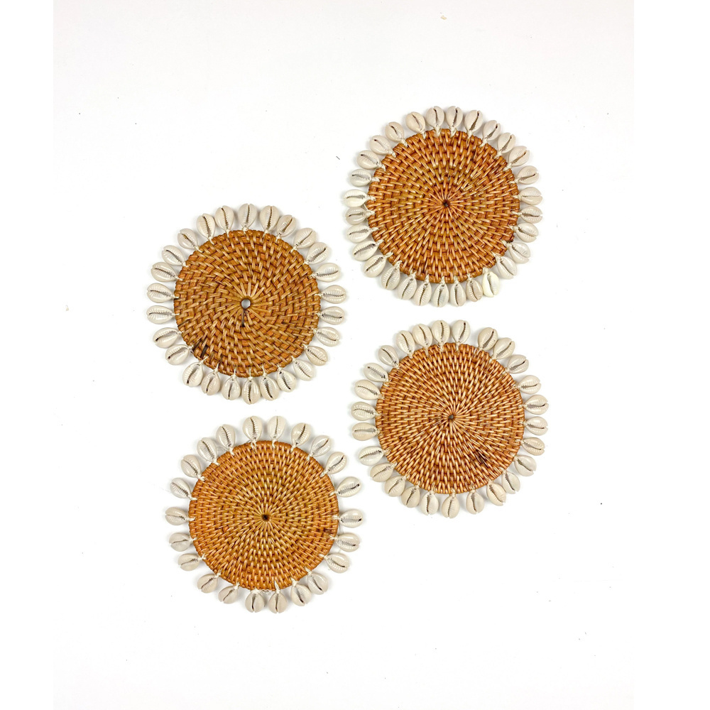 Set 4 Or 6 Pieces Rattan Coaster Plate Rattan Tea Coasters Handmade Mats Pads For Cup Holders Mix Seashell Vietnam Manufacturer