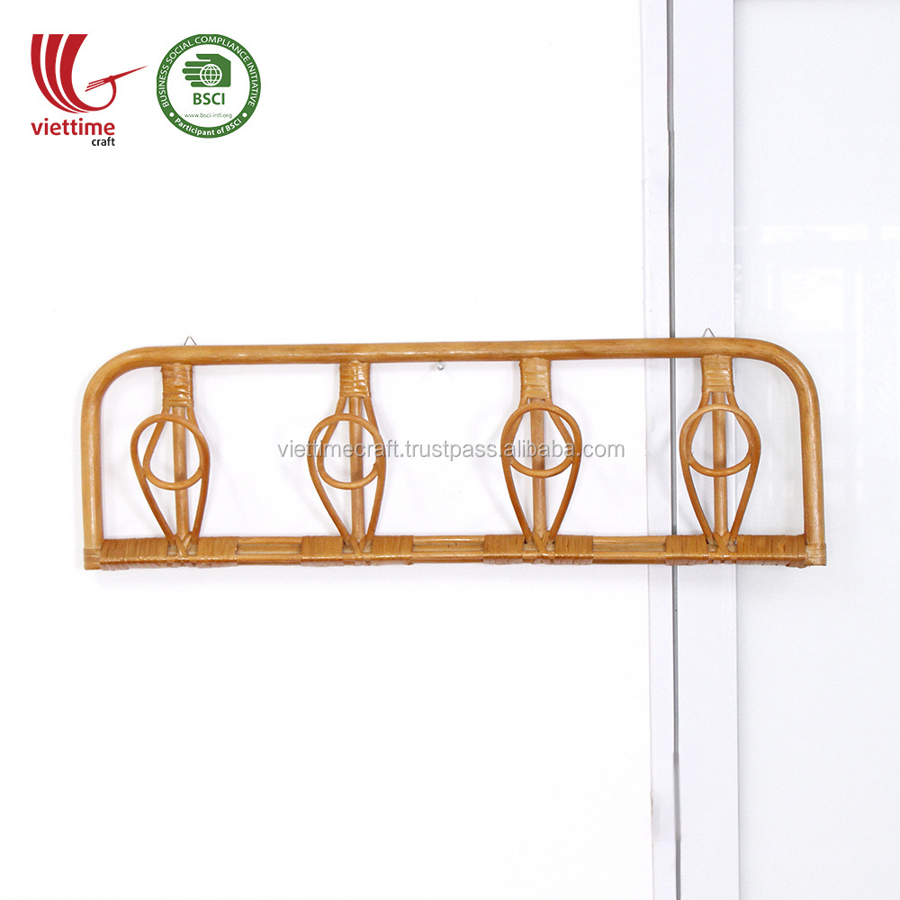 Boho Styled Rattan coat clothes hanging rack with 4 Hooks and Shelf Wholesale For Neat Home