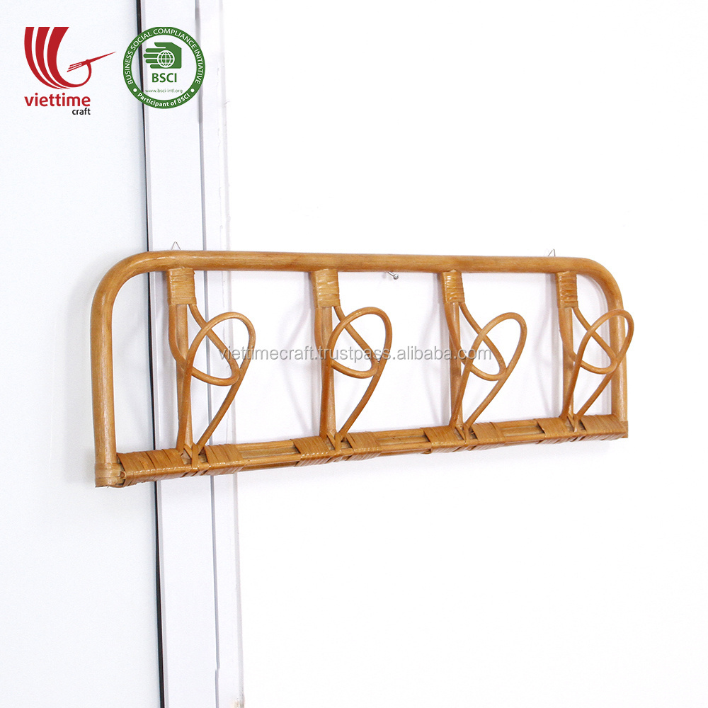 Boho Styled Rattan coat clothes hanging rack with 4 Hooks and Shelf Wholesale For Neat Home