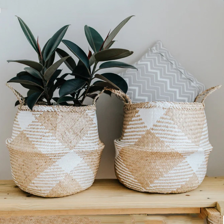 Stripe Lines Pattern Natural Seagrass Belly Basket, Foldable Storage Planter, Flower Pot Wholesale Made By Craftsmen