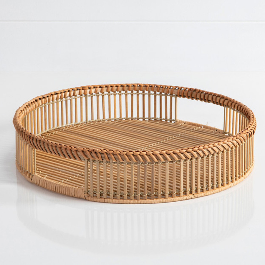 Bohemian Round Bamboo Serving Tray With Leather Handles Model Tray For Table Dining Decoration In Vietnam Wholesale