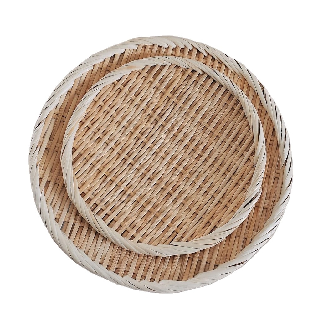 Decorative Trays New Set 2 Bamboo Basket Tray Weaving/ Open Weave Round Bamboo Basket Wholesale Vietnam