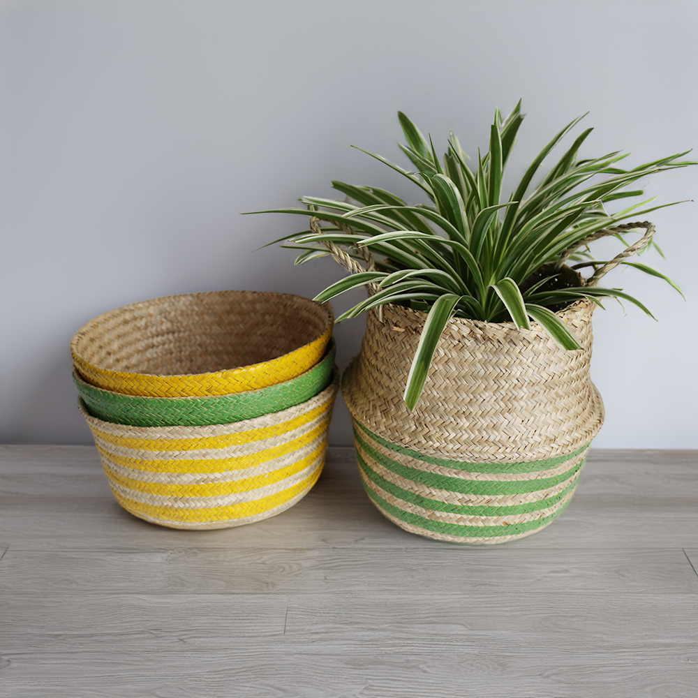 Stripe Lines Pattern Natural Seagrass Belly Basket, Foldable Storage Planter, Flower Pot Wholesale Made By Craftsmen