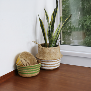 Stripe Lines Pattern Natural Seagrass Belly Basket, Foldable Storage Planter, Flower Pot Wholesale Made By Craftsmen