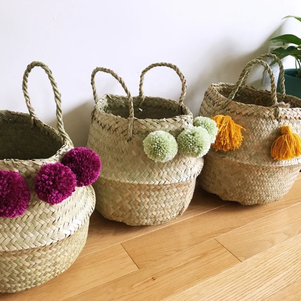 Stripe Lines Pattern Natural Seagrass Belly Basket, Foldable Storage Planter, Flower Pot Wholesale Made By Craftsmen