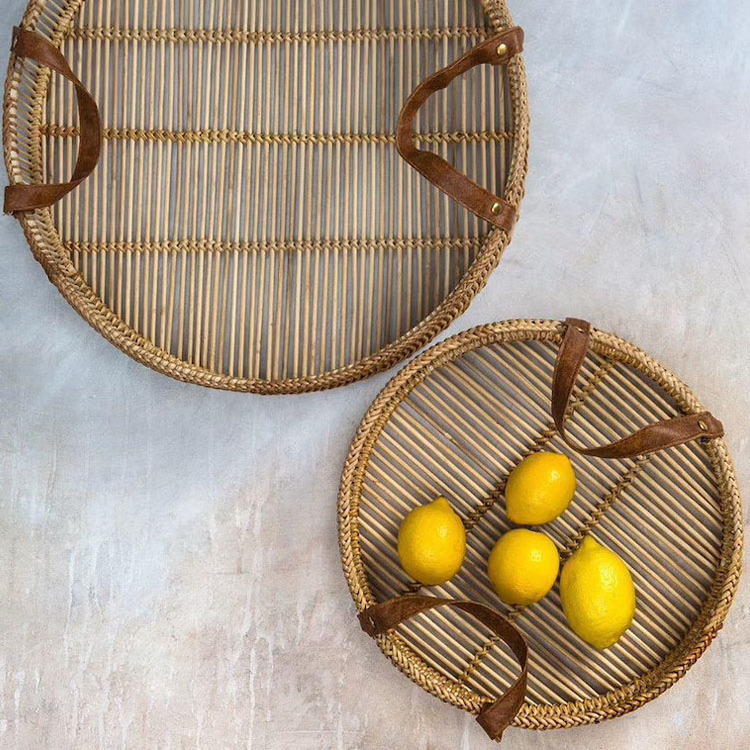 Bohemian Round Bamboo Serving Tray With Leather Handles Model Tray For Table Dining Decoration In Vietnam Wholesale