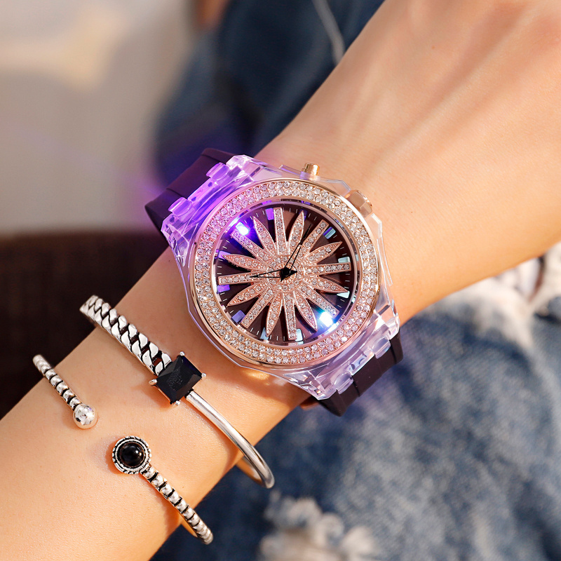 GUOU 8219 fashion LED light girls quartz watch exclusive Silicone band rotating floral design character Casual reloj watch