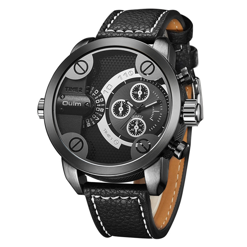 OULM 3130 accurate made in china gents quartz watch best PU leather strap 2 time zone 24 hour dials decoration Casual hand watch