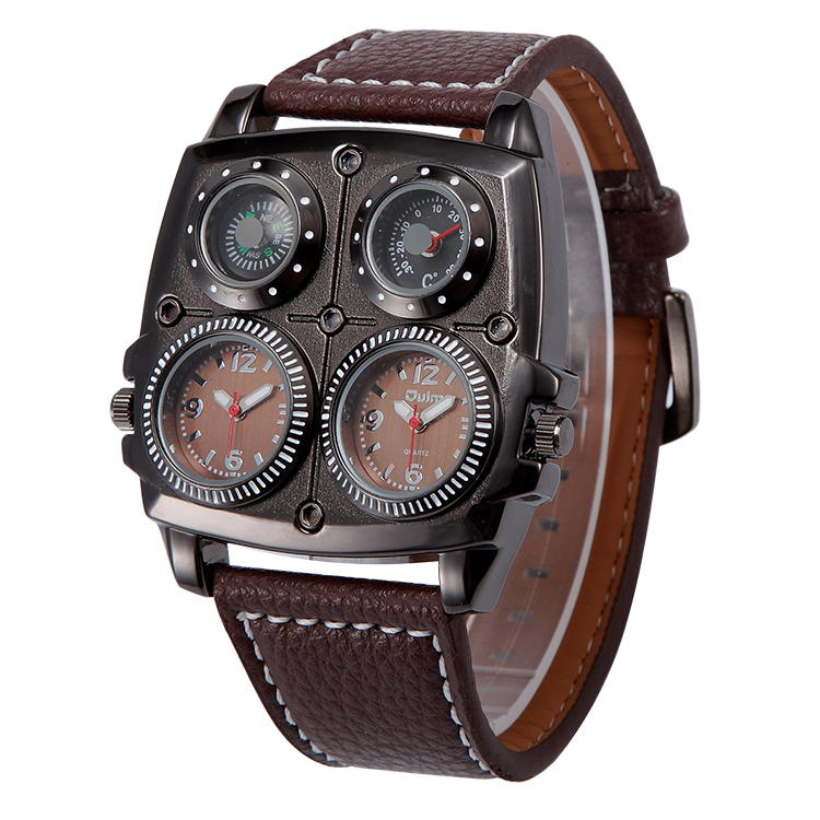 Oulm 1140 luxury Brown man quartz watch activity PU leather band 2 time zone compass thermometer personality watch company