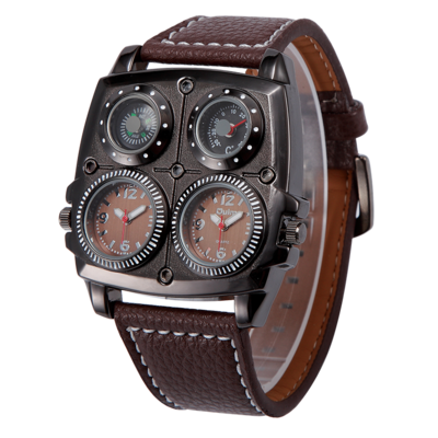 Oulm 1140 luxury Brown man quartz watch activity PU leather band 2 time zone compass thermometer personality watch company