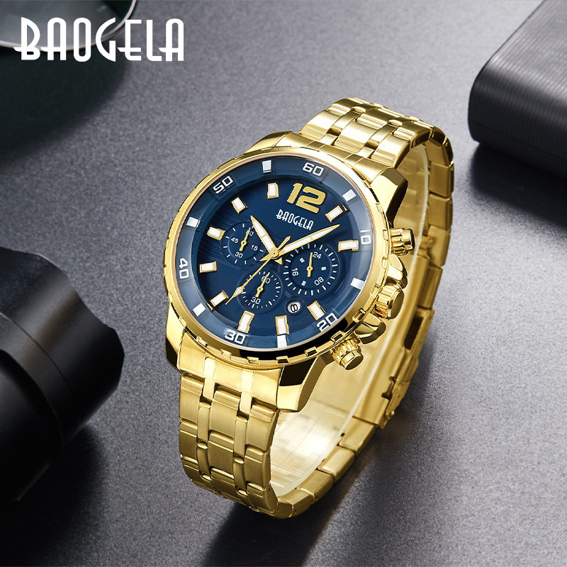 Baogela 22700   new design golden mens quartz watch low cost Stainless steel band 3 dials Chronograph business reloj watch