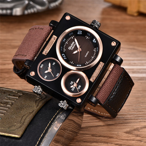 OULM 3595 fashion brown mens quartz watch excel Canvas strap 3 time zone analog display vintage sports popular wrist watch