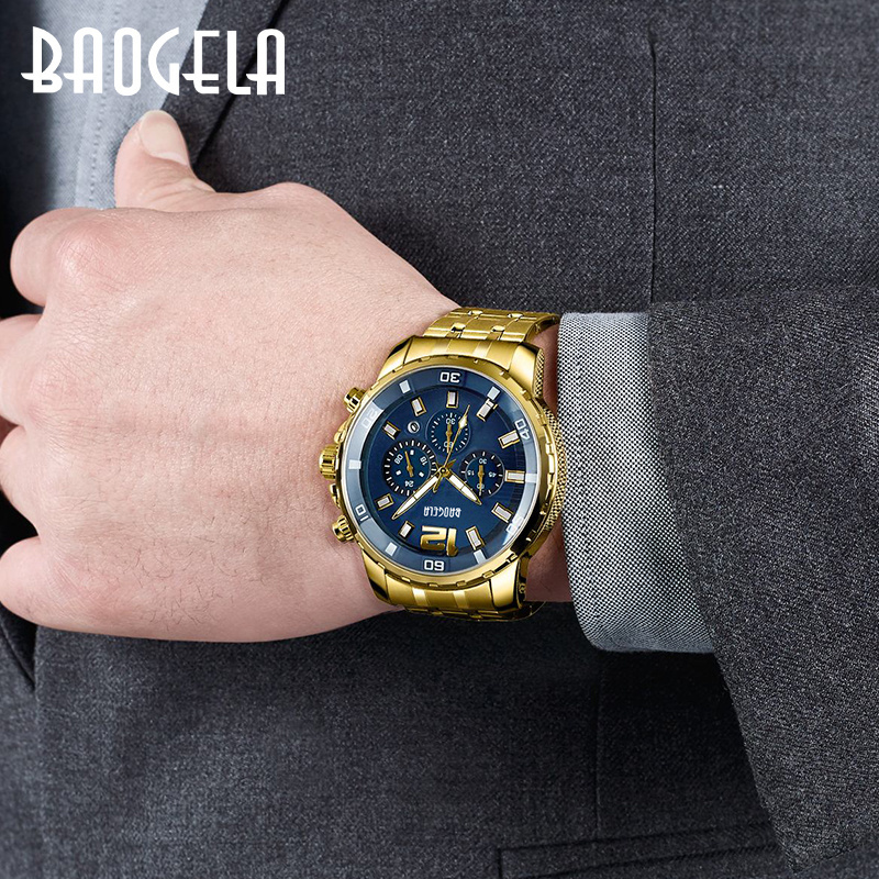 Baogela 22700   new design golden mens quartz watch low cost Stainless steel band 3 dials Chronograph business reloj watch