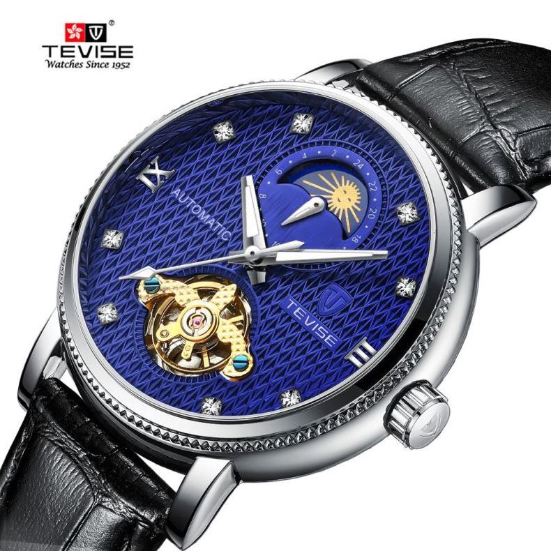 TEVISE T612 antique  blue mens mechanical watch weird Genuine Leather Strap water proof 24 hours moon phase tourbillion watch