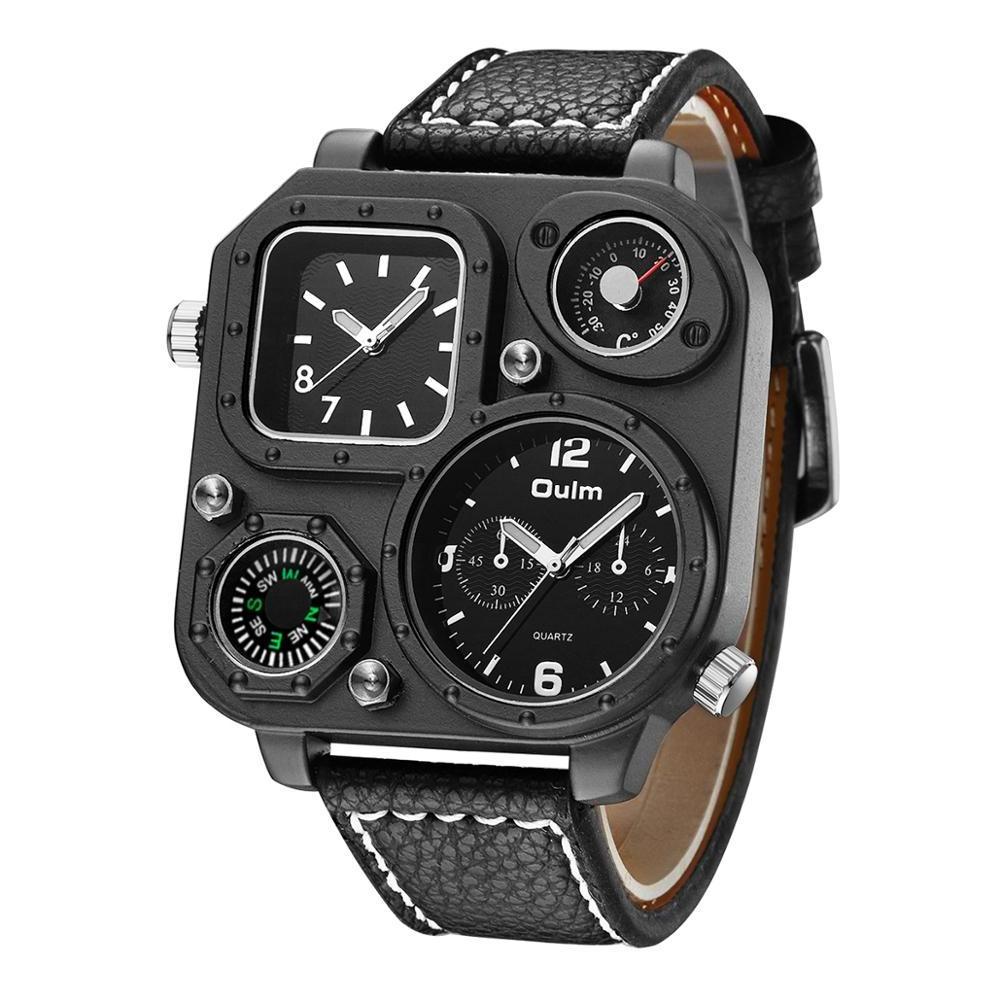 OULM 1169 fashion black gents quartz watch stylish PU leather band thermometer 2 time zone compass business watch design