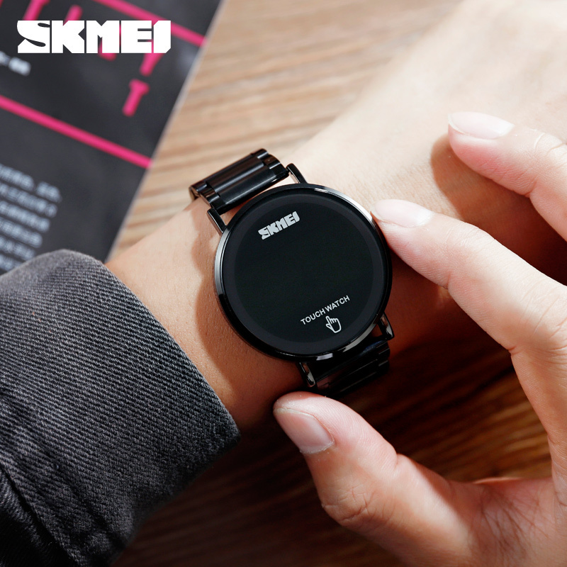 SKMEI 1550 luxury black boys touch watch hot sale Stainless steel band LED Waterproof Multi function Simple smart wrist watch