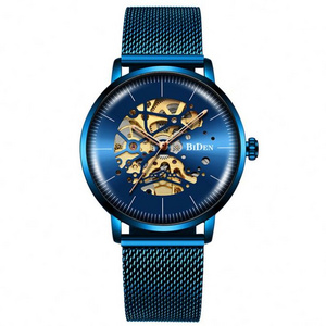 BIDEN 0052 luxury blue mens mechanical watch 2019 Mesh Strap Hollow dials decoration vintage Casual wrist watch