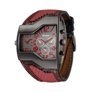 OULM 1220 antique  red mens quartz watch costume Genuine Leather band water resist 2 time zone unique Casual reloj watch