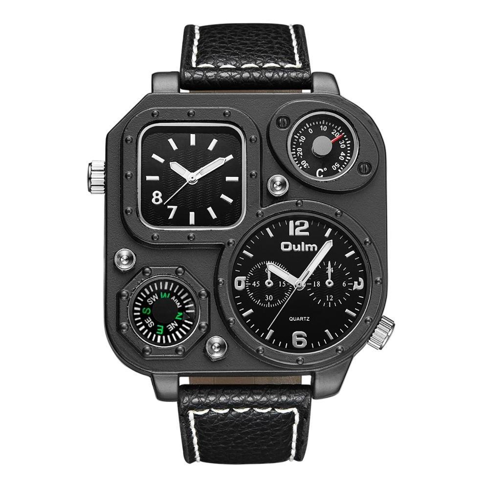 OULM 1169 fashion black gents quartz watch stylish PU leather band thermometer 2 time zone compass business watch design