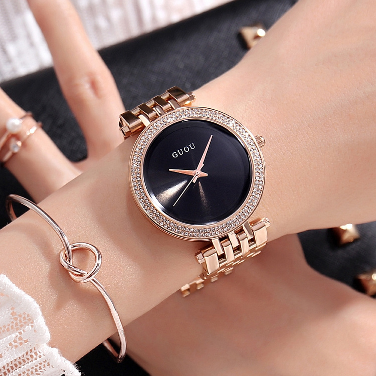 GUOU 8196 Simple rose gold female quartz watch latest Stainless steel band Waterproof analog display vintage Casual reloj watch