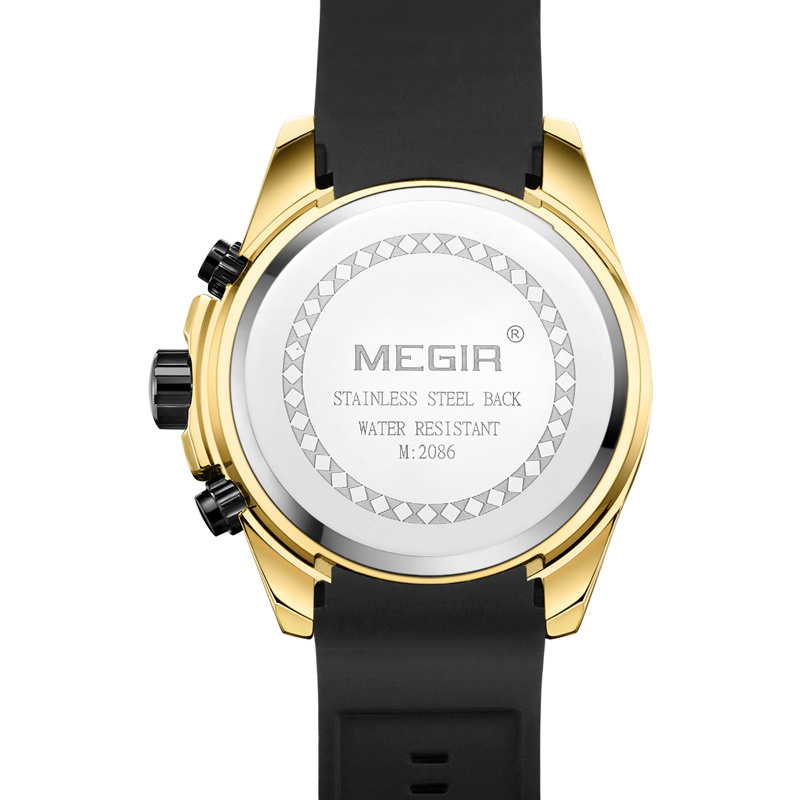 MEGIR 2086 branded gold gents watch stylish Genuine Leather Strap 3 dials Chronograph Luminous nice wrist watch gift set