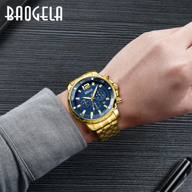 Baogela 22700   new design golden mens quartz watch low cost Stainless steel band 3 dials Chronograph business reloj watch