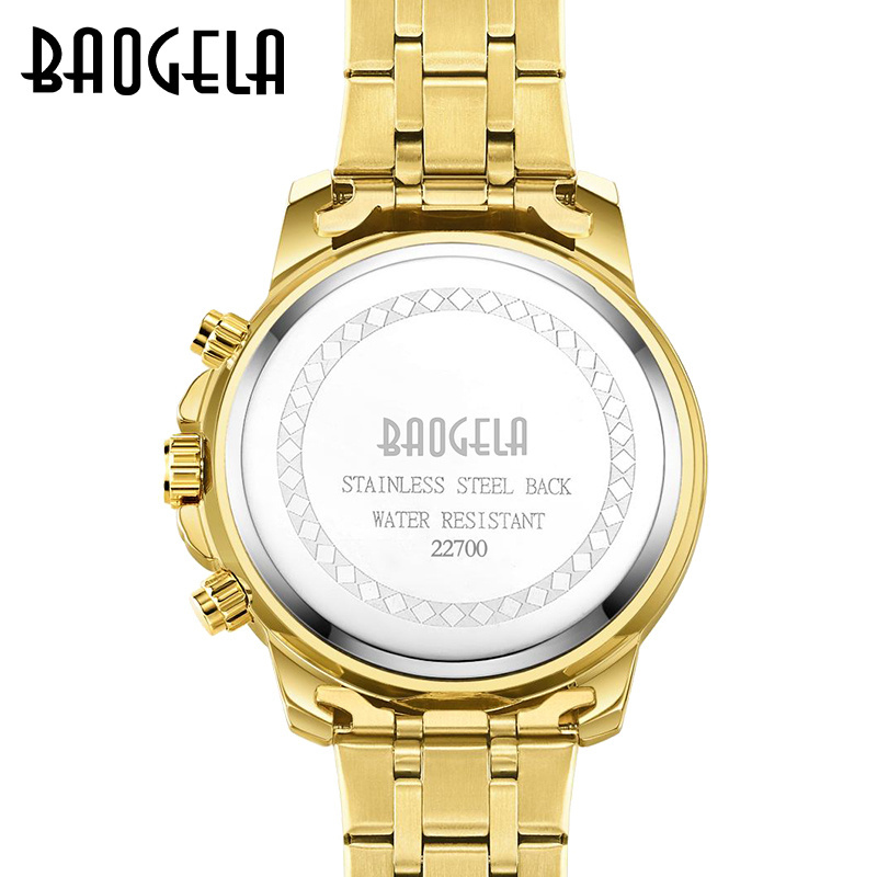 Baogela 22700   new design golden mens quartz watch low cost Stainless steel band 3 dials Chronograph business reloj watch