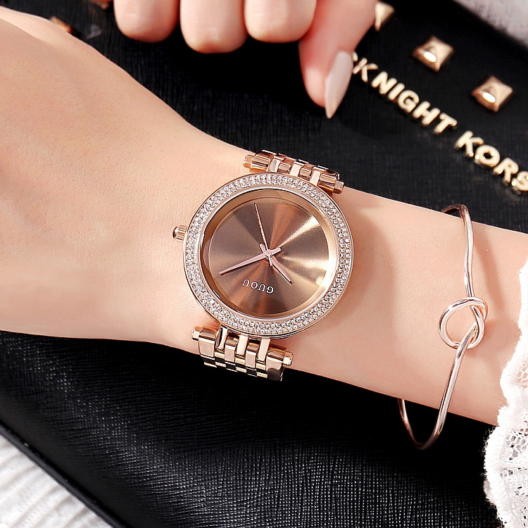 GUOU 8196 Simple rose gold female quartz watch latest Stainless steel band Waterproof analog display vintage Casual reloj watch