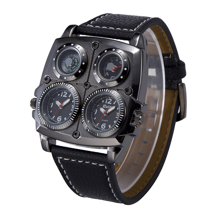 Oulm 1140 luxury Brown man quartz watch activity PU leather band 2 time zone compass thermometer personality watch company