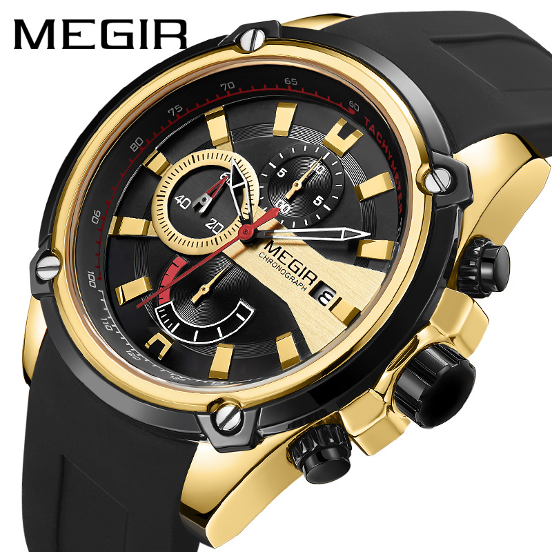 MEGIR 2086 branded gold gents watch stylish Genuine Leather Strap 3 dials Chronograph Luminous nice wrist watch gift set