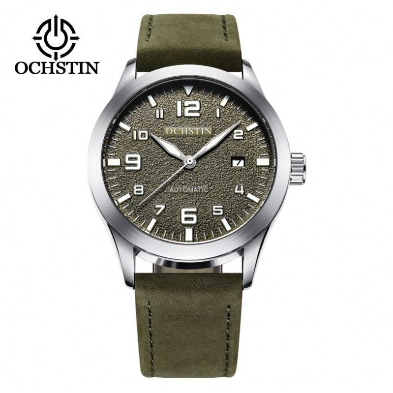 OCHSTIN 62028 intrinsically green boys mechanism watch genius PU leather band water resistant auto date display Minimalist watch