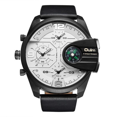 Oulm 3790 fashion shenzhen gents quartz watch genuine Leather Strap waterproof more time zone compass business relogio musculino